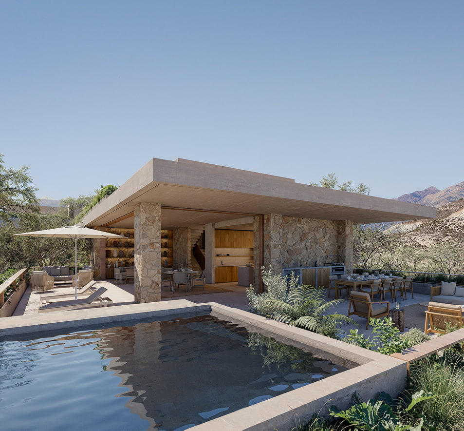 Open-air wellness pavilion with infinity pool at the villa