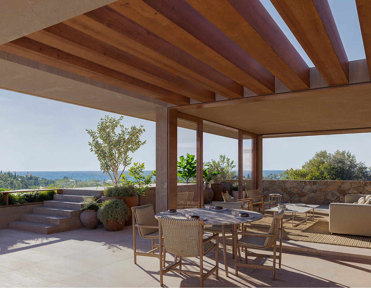 Outdoor pergola terrace with wooden beams