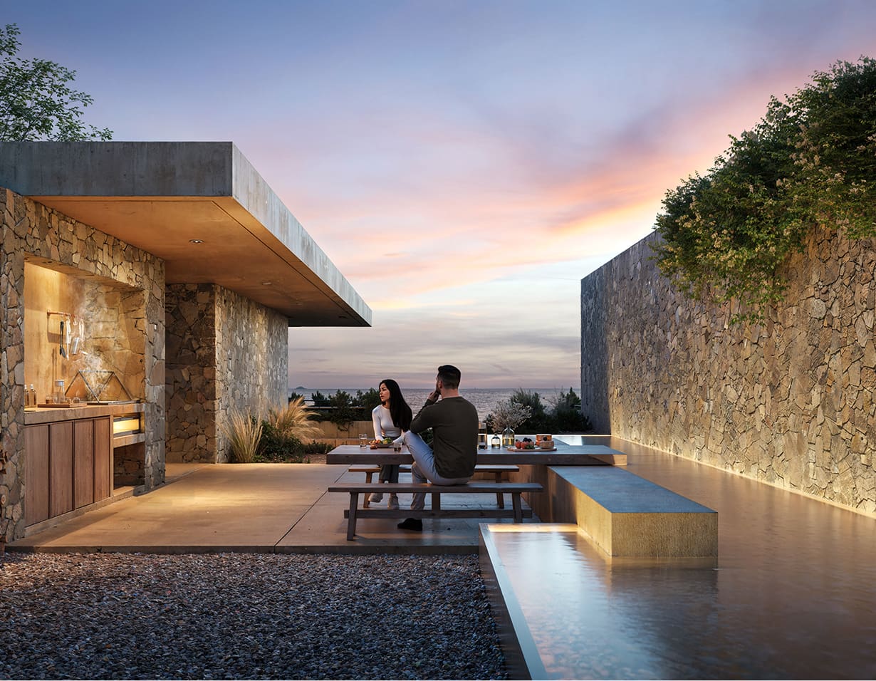 Outdoor dining area at sunset