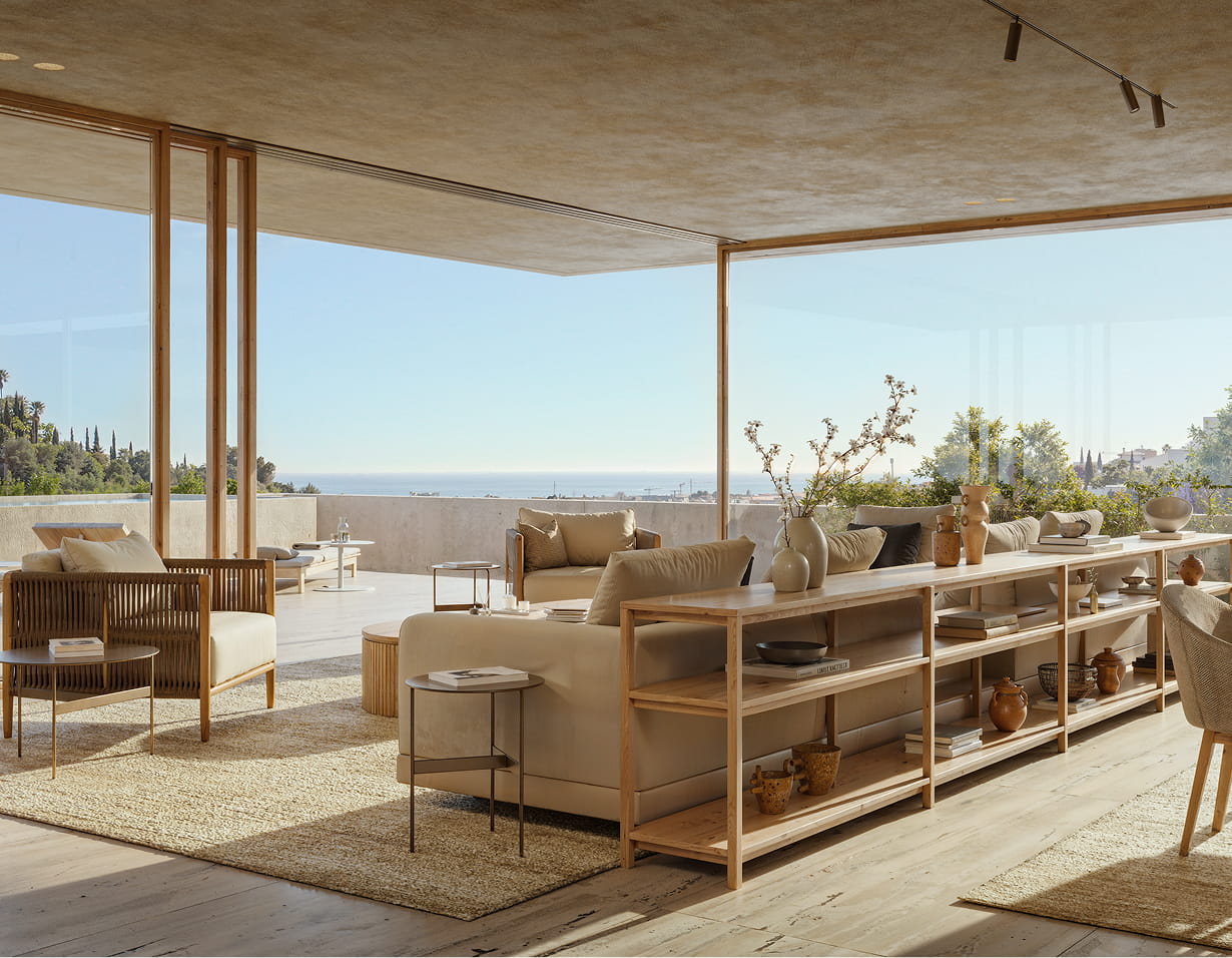 Open-plan living room with sea views