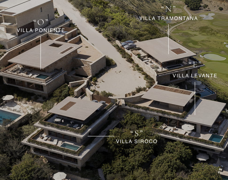 Aerial view of Las Brisas villas beside the Los Flamingos golf course
